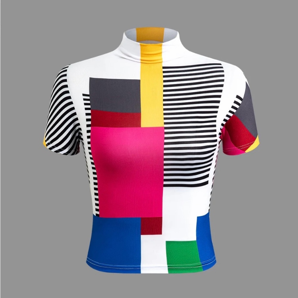 MICAS - Color Block Patchwork Mock Neck T-shirt
